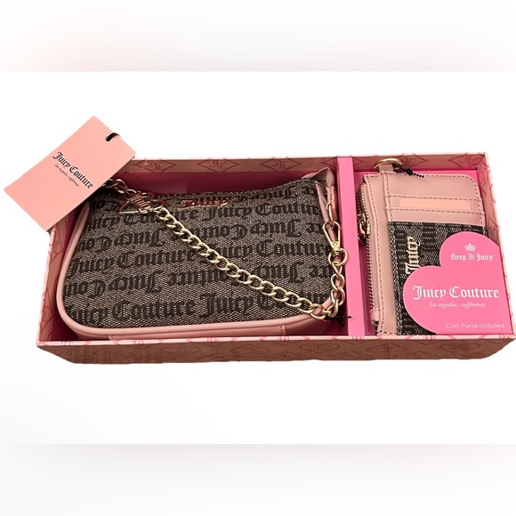 Juicy Couture Handbags - Juicy Couture Taupe Dark Brown Mini Wristlet Purse Set Logo Crossbody